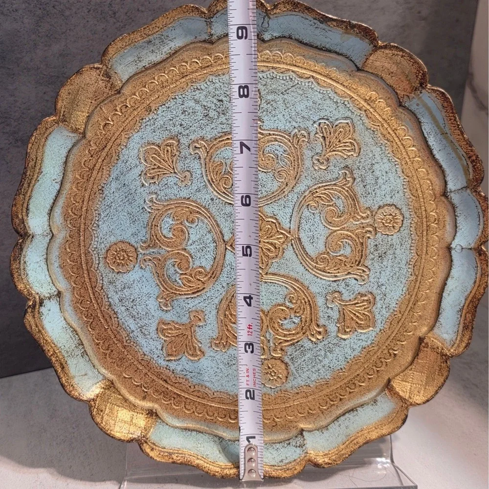 O.F.M. Florence Italy Florentine Wood Tray Gold Gilt Blue Scalloped 9.75